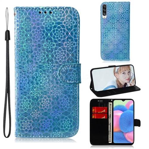 Laser Circle Shining Leather Wallet Phone Case for Samsung Galaxy A30s - Blue