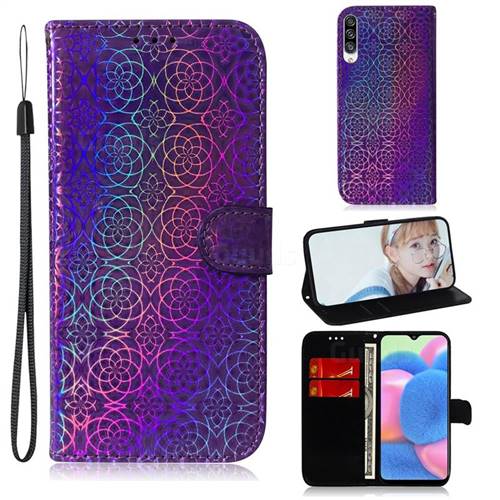 Laser Circle Shining Leather Wallet Phone Case for Samsung Galaxy A30s - Purple