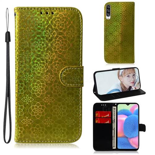 Laser Circle Shining Leather Wallet Phone Case for Samsung Galaxy A30s - Golden