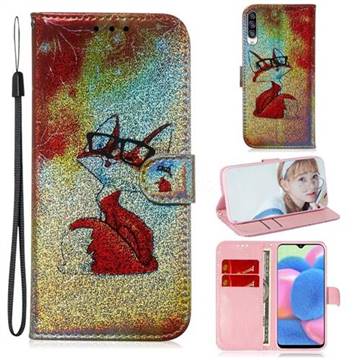 Glasses Fox Laser Shining Leather Wallet Phone Case for Samsung Galaxy A30s