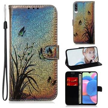 Butterfly Orchid Laser Shining Leather Wallet Phone Case for Samsung Galaxy A30s