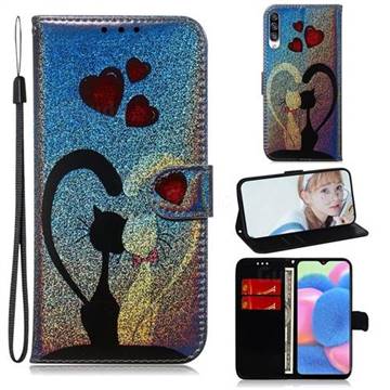 Love Cat Laser Shining Leather Wallet Phone Case for Samsung Galaxy A30s