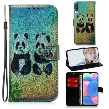 Two Pandas Laser Shining Leather Wallet Phone Case for Samsung Galaxy A30s