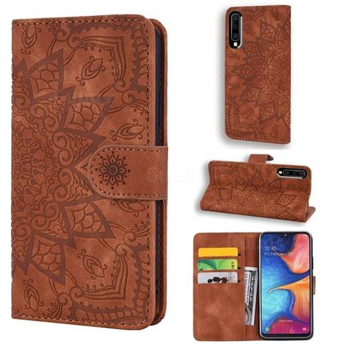 Retro Embossing Mandala Flower Leather Wallet Case for Samsung Galaxy A30s - Brown