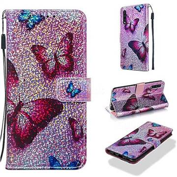 Blue Butterfly Sequins Painted Leather Wallet Case for Samsung Galaxy A30s