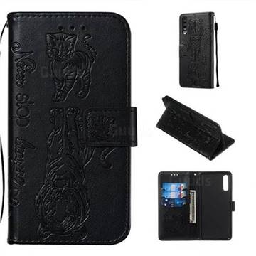 Embossing Tiger and Cat Leather Wallet Case for Samsung Galaxy A30s - Black