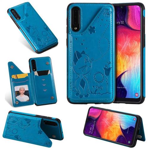 Luxury Bee and Cat Multifunction Magnetic Card Slots Stand Leather Back Cover for Samsung Galaxy A30s - Blue