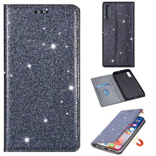 Ultra Slim Glitter Powder Magnetic Automatic Suction Leather Wallet Case for Samsung Galaxy A30s - Gray