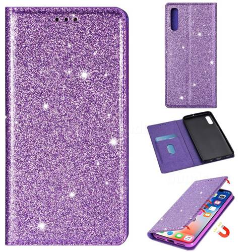 Ultra Slim Glitter Powder Magnetic Automatic Suction Leather Wallet Case for Samsung Galaxy A30s - Purple