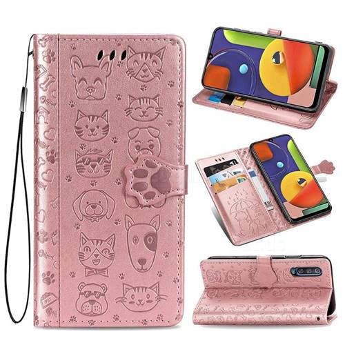 Embossing Dog Paw Kitten and Puppy Leather Wallet Case for Samsung Galaxy A30s - Rose Gold