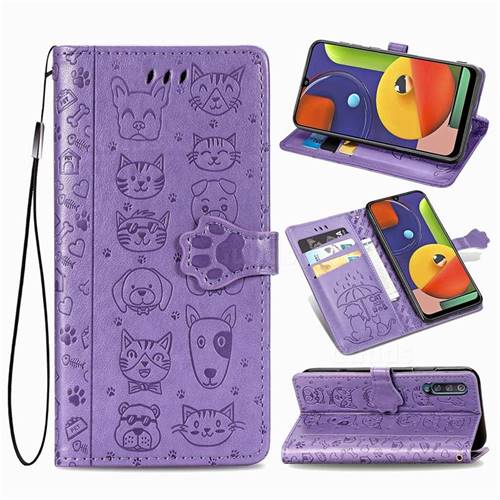 Embossing Dog Paw Kitten and Puppy Leather Wallet Case for Samsung Galaxy A30s - Purple
