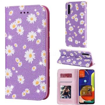 Ultra Slim Daisy Sparkle Glitter Powder Magnetic Leather Wallet Case for Samsung Galaxy A30s - Purple
