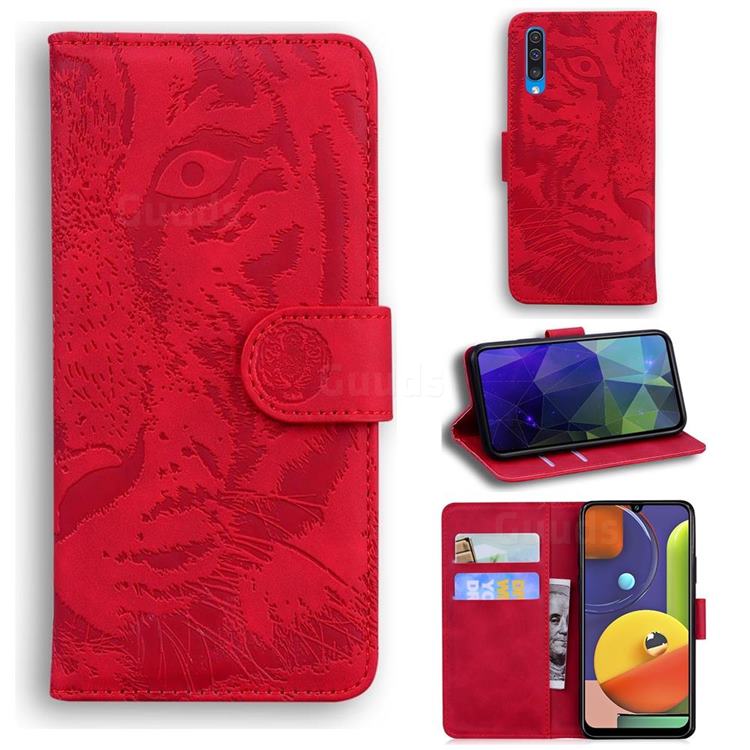 Intricate Embossing Tiger Face Leather Wallet Case for Samsung Galaxy A30s - Red