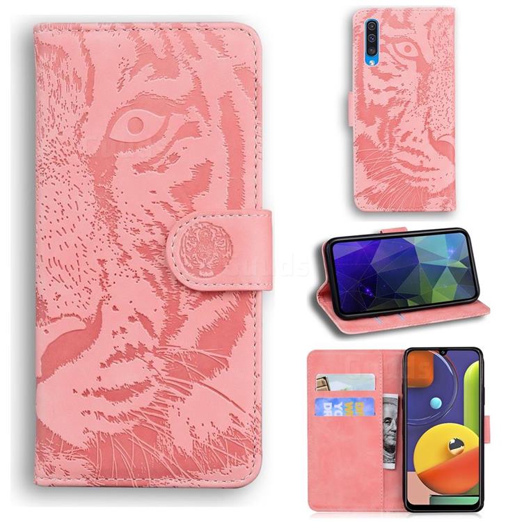 Intricate Embossing Tiger Face Leather Wallet Case for Samsung Galaxy A30s - Pink