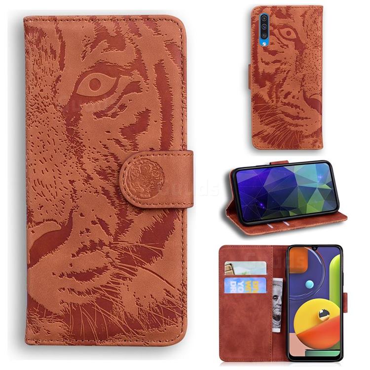 Intricate Embossing Tiger Face Leather Wallet Case for Samsung Galaxy A30s - Brown