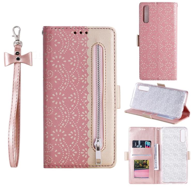 Luxury Lace Zipper Stitching Leather Phone Wallet Case for Samsung Galaxy A30s - Pink