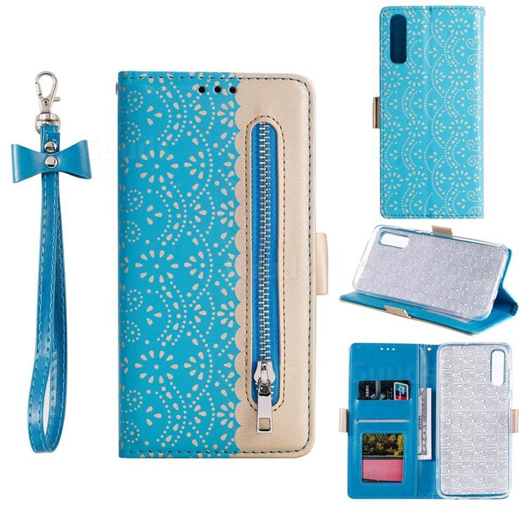 Luxury Lace Zipper Stitching Leather Phone Wallet Case for Samsung Galaxy A30s - Blue