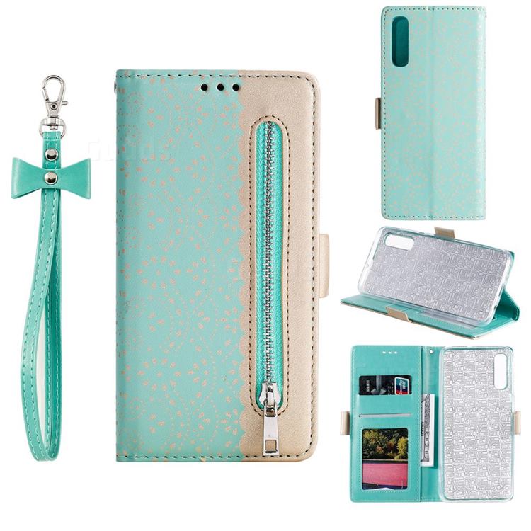Luxury Lace Zipper Stitching Leather Phone Wallet Case for Samsung Galaxy A30s - Green