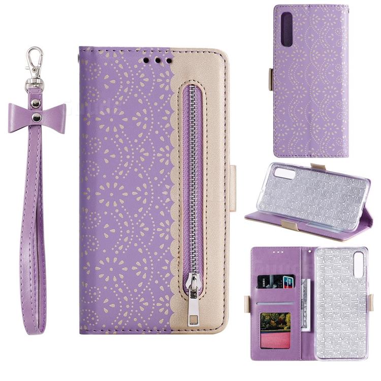 Luxury Lace Zipper Stitching Leather Phone Wallet Case for Samsung Galaxy A30s - Purple