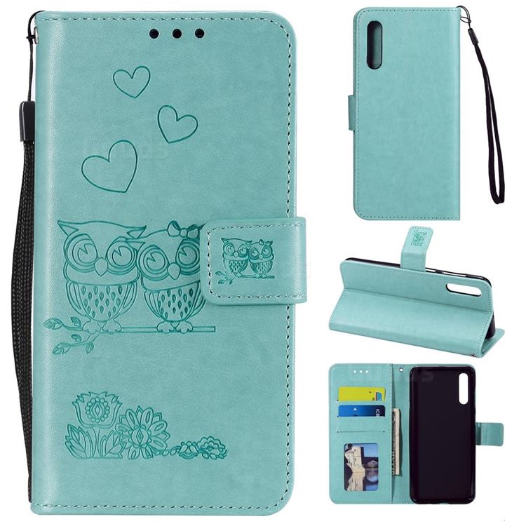 Embossing Owl Couple Flower Leather Wallet Case for Samsung Galaxy A30s - Green
