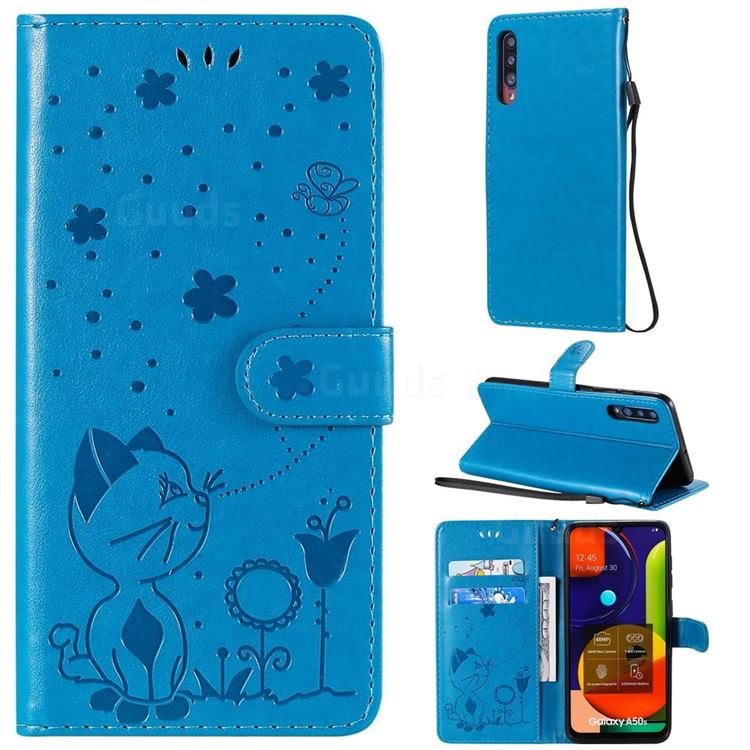 Embossing Bee and Cat Leather Wallet Case for Samsung Galaxy A30s - Blue