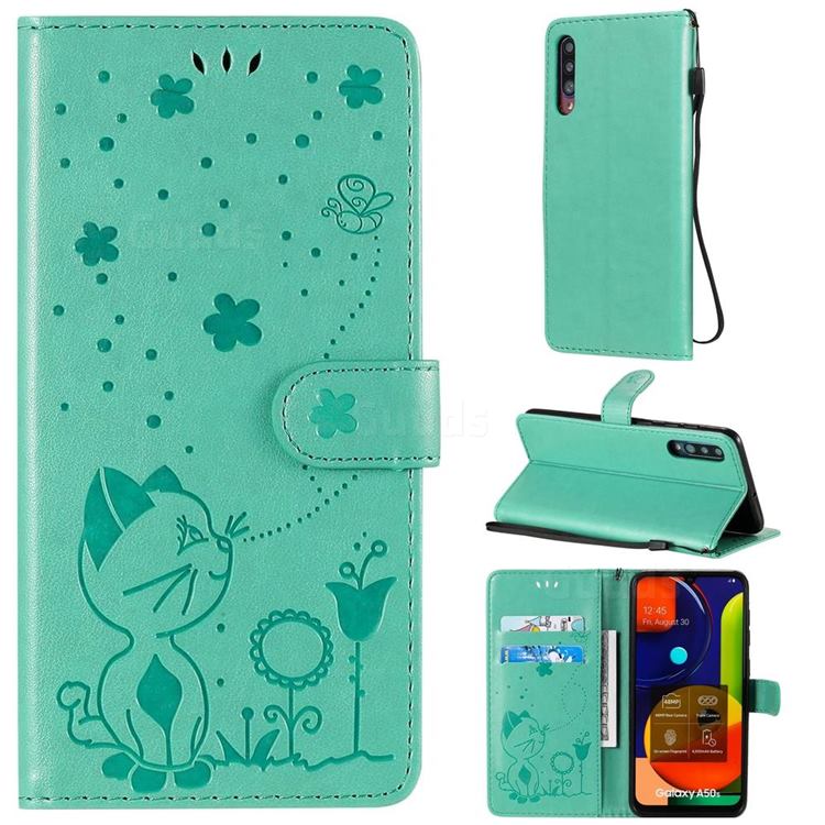 Embossing Bee and Cat Leather Wallet Case for Samsung Galaxy A30s - Green