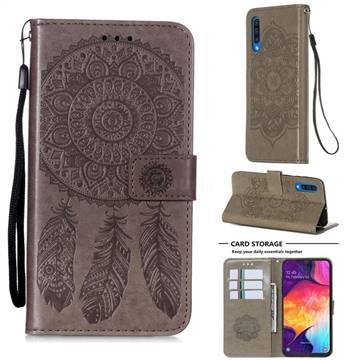 Embossing Dream Catcher Mandala Flower Leather Wallet Case for Samsung Galaxy A30s - Gray