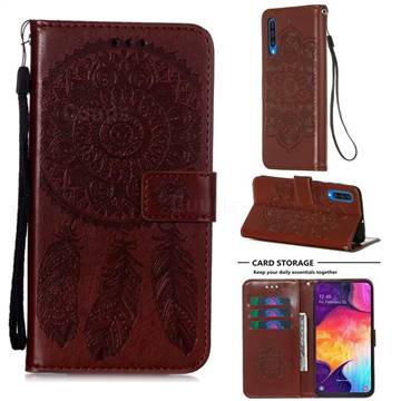 Embossing Dream Catcher Mandala Flower Leather Wallet Case for Samsung Galaxy A30s - Brown