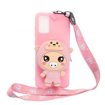 Pink Pig Neck Lanyard Zipper Wallet Silicone Case for Samsung Galaxy A31