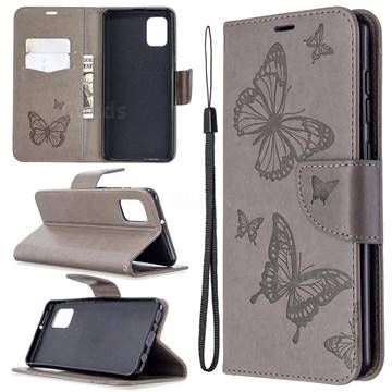 Embossing Double Butterfly Leather Wallet Case for Samsung Galaxy A31 - Gray