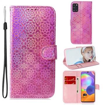 Laser Circle Shining Leather Wallet Phone Case for Samsung Galaxy A31 - Pink