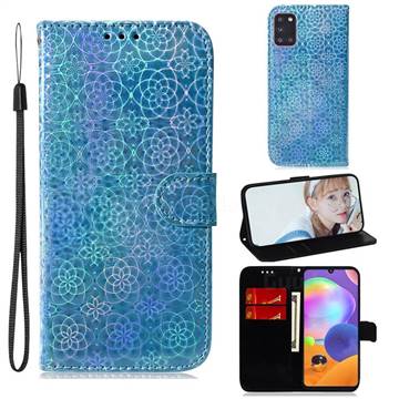 Laser Circle Shining Leather Wallet Phone Case for Samsung Galaxy A31 - Blue