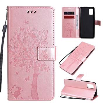 Embossing Butterfly Tree Leather Wallet Case for Samsung Galaxy A31 - Rose Pink