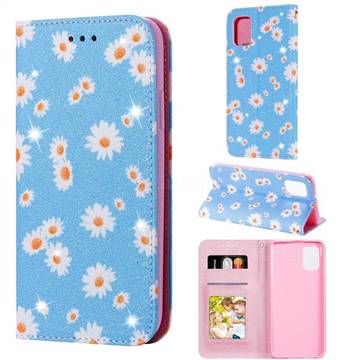 Ultra Slim Daisy Sparkle Glitter Powder Magnetic Leather Wallet Case for Samsung Galaxy A31 - Blue