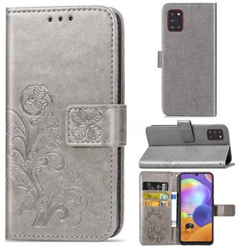 Embossing Imprint Four-Leaf Clover Leather Wallet Case for Samsung Galaxy A31 - Grey