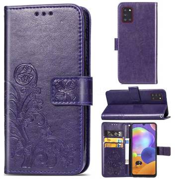 Embossing Imprint Four-Leaf Clover Leather Wallet Case for Samsung Galaxy A31 - Purple