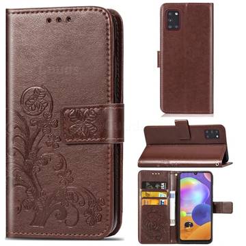 Embossing Imprint Four-Leaf Clover Leather Wallet Case for Samsung Galaxy A31 - Brown