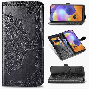 Embossing Imprint Mandala Flower Leather Wallet Case for Samsung Galaxy A31 - Black