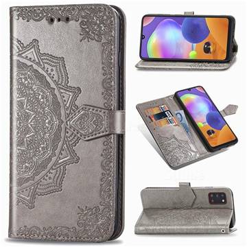 Embossing Imprint Mandala Flower Leather Wallet Case for Samsung Galaxy A31 - Gray