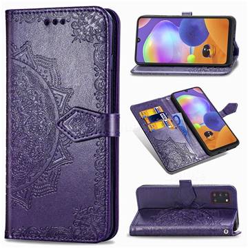 Embossing Imprint Mandala Flower Leather Wallet Case for Samsung Galaxy A31 - Purple