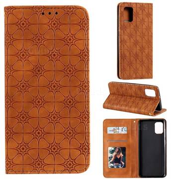 Intricate Embossing Four Leaf Clover Leather Wallet Case for Samsung Galaxy A31 - Yellowish Brown