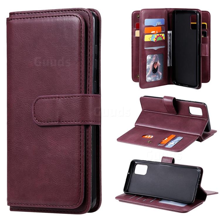 Multi-function Ten Card Slots and Photo Frame PU Leather Wallet Phone Case Cover for Samsung Galaxy A31 - Claret