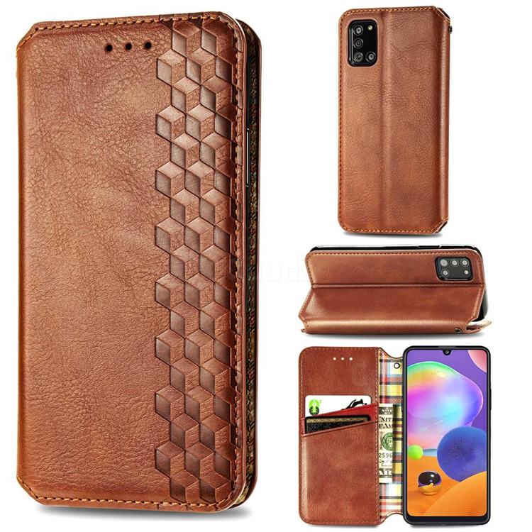 Ultra Slim Fashion Business Card Magnetic Automatic Suction Leather Flip Cover for Samsung Galaxy A31 - Brown