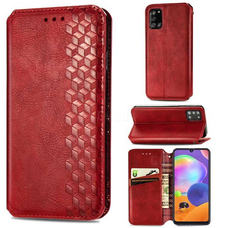 Ultra Slim Fashion Business Card Magnetic Automatic Suction Leather Flip Cover for Samsung Galaxy A31 - Red