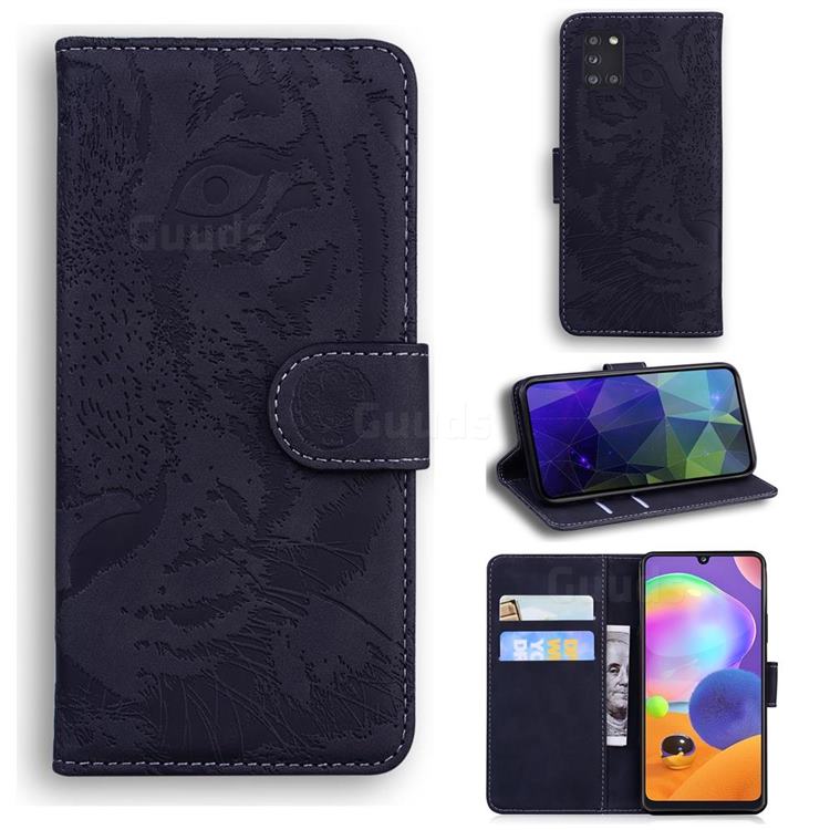 Intricate Embossing Tiger Face Leather Wallet Case for Samsung Galaxy A31 - Black