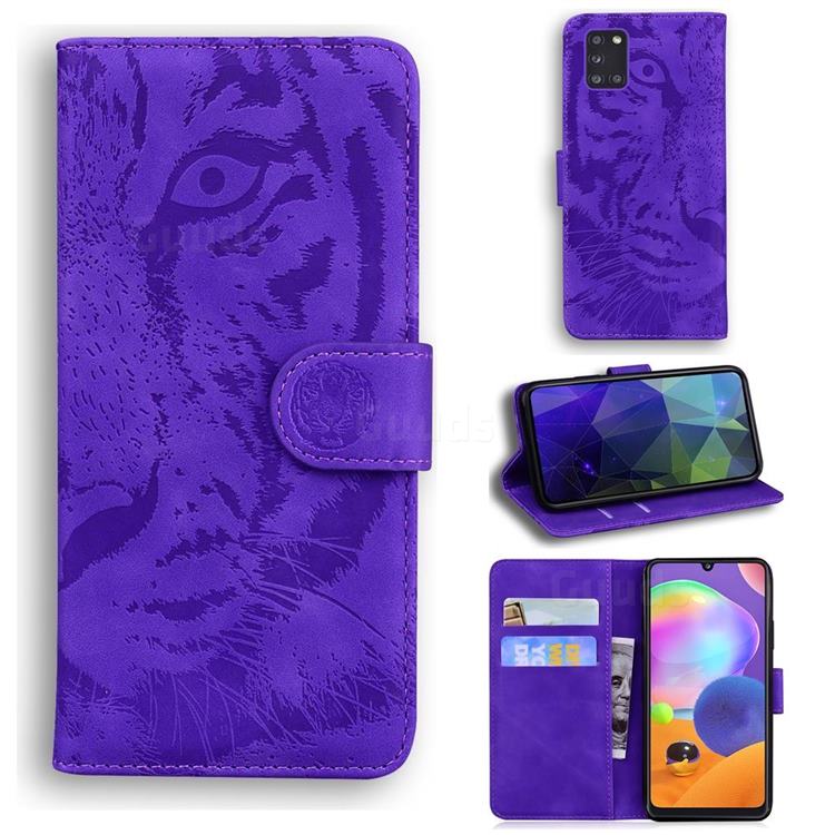 Intricate Embossing Tiger Face Leather Wallet Case for Samsung Galaxy A31 - Purple