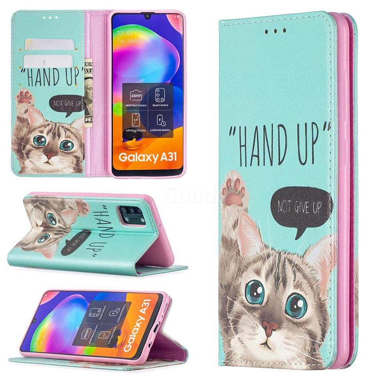 Hand Up Cat Slim Magnetic Attraction Wallet Flip Cover for Samsung Galaxy A31