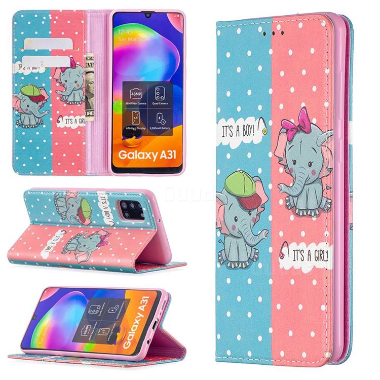 Elephant Boy and Girl Slim Magnetic Attraction Wallet Flip Cover for Samsung Galaxy A31