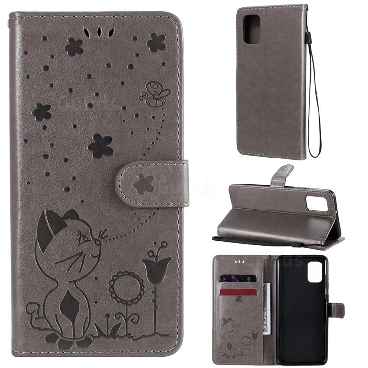 Embossing Bee and Cat Leather Wallet Case for Samsung Galaxy A31 - Gray