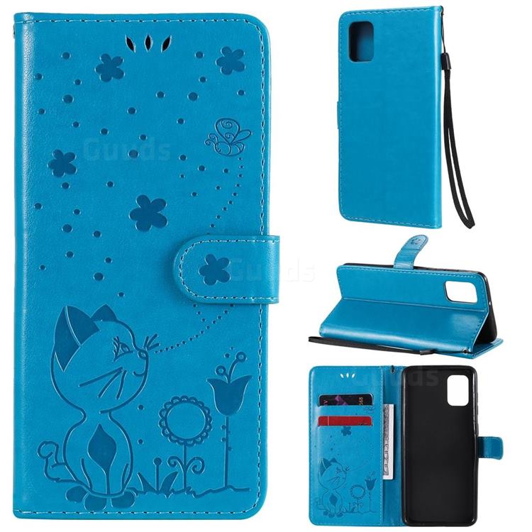 Embossing Bee and Cat Leather Wallet Case for Samsung Galaxy A31 - Blue
